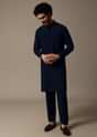 Navy Blue Printed Pashmina Silk Kurta Jacket Set For Men