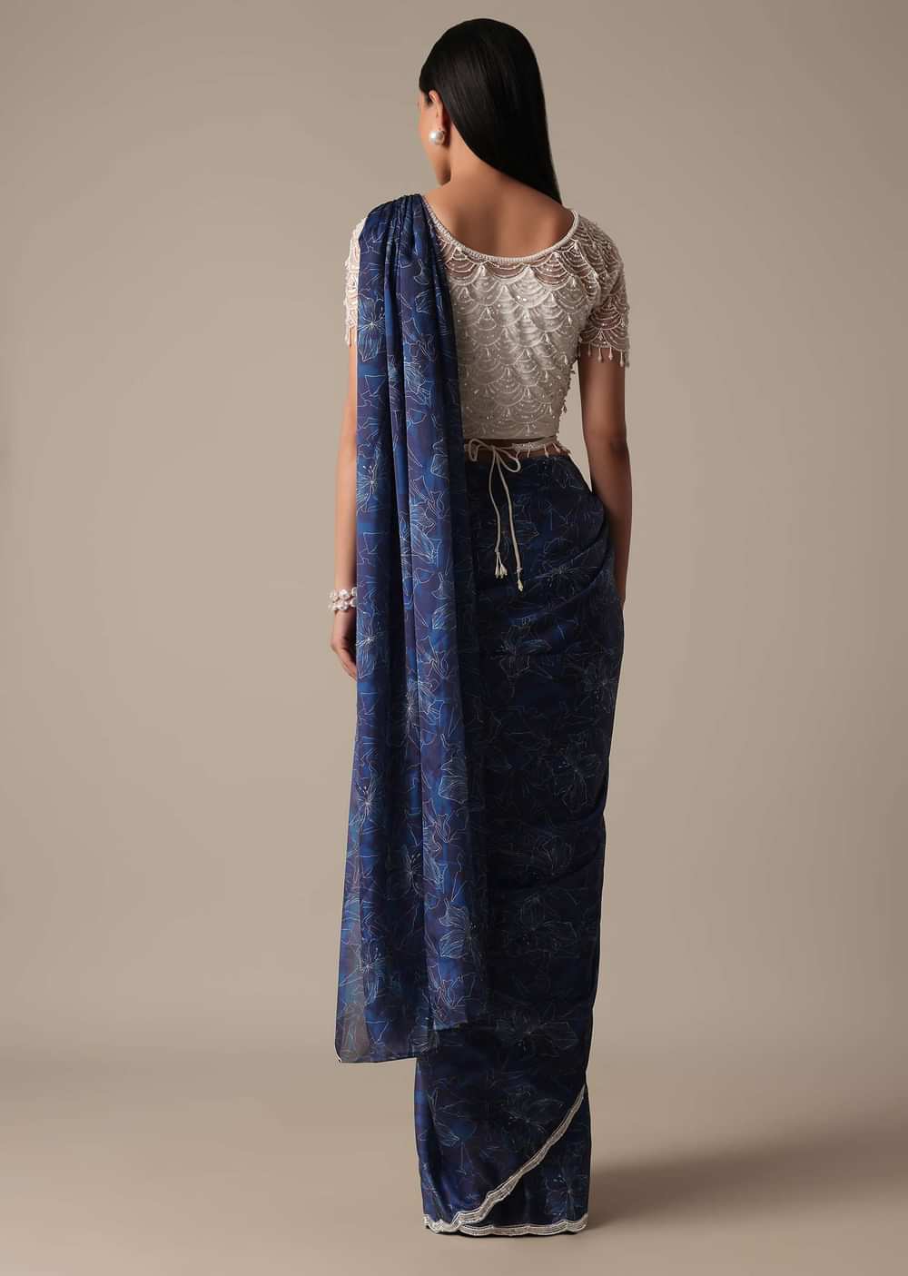 Navy Blue Ready Pleated Saree With Stitched Blouse