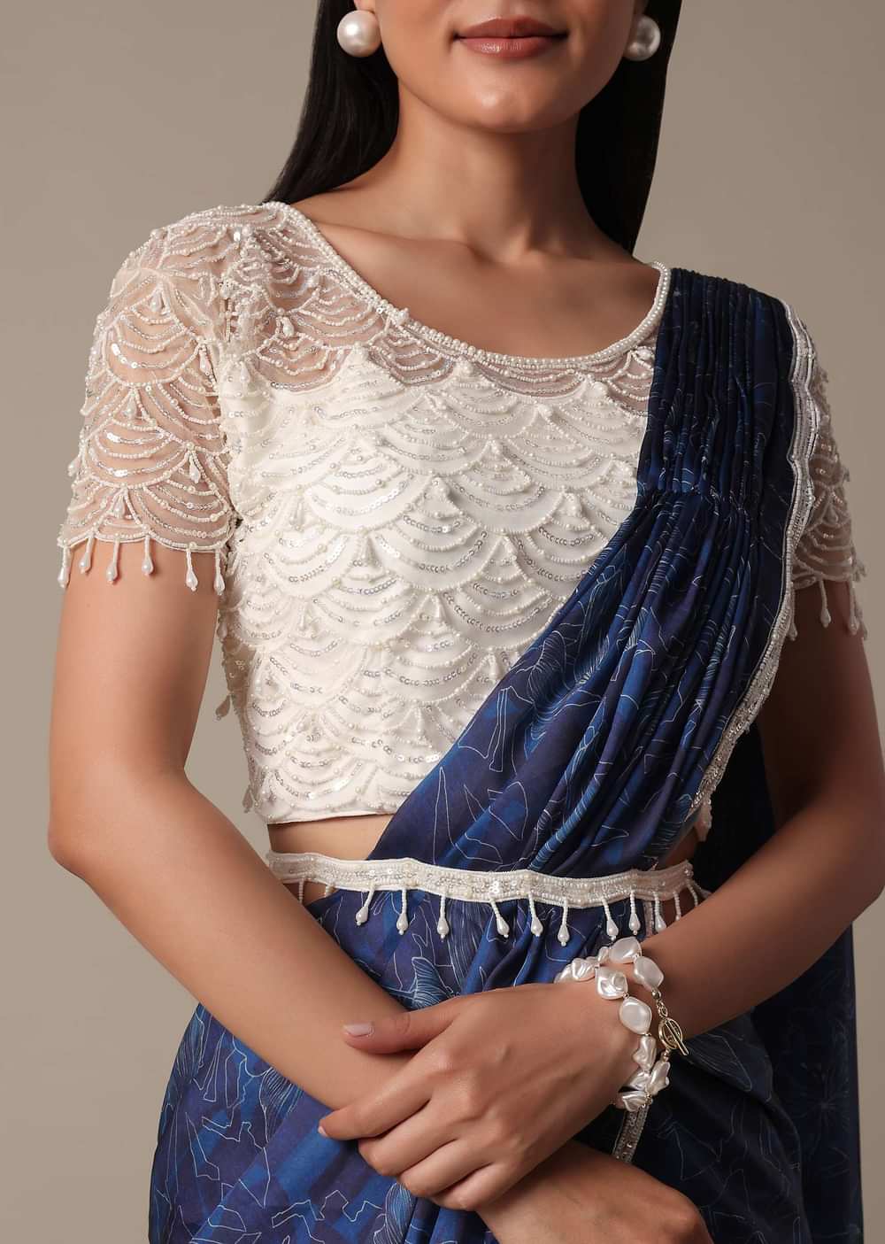 Navy Blue Ready Pleated Saree With Stitched Blouse