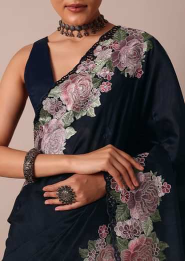 Navy Blue Saree Adorned With Resham Thread Work