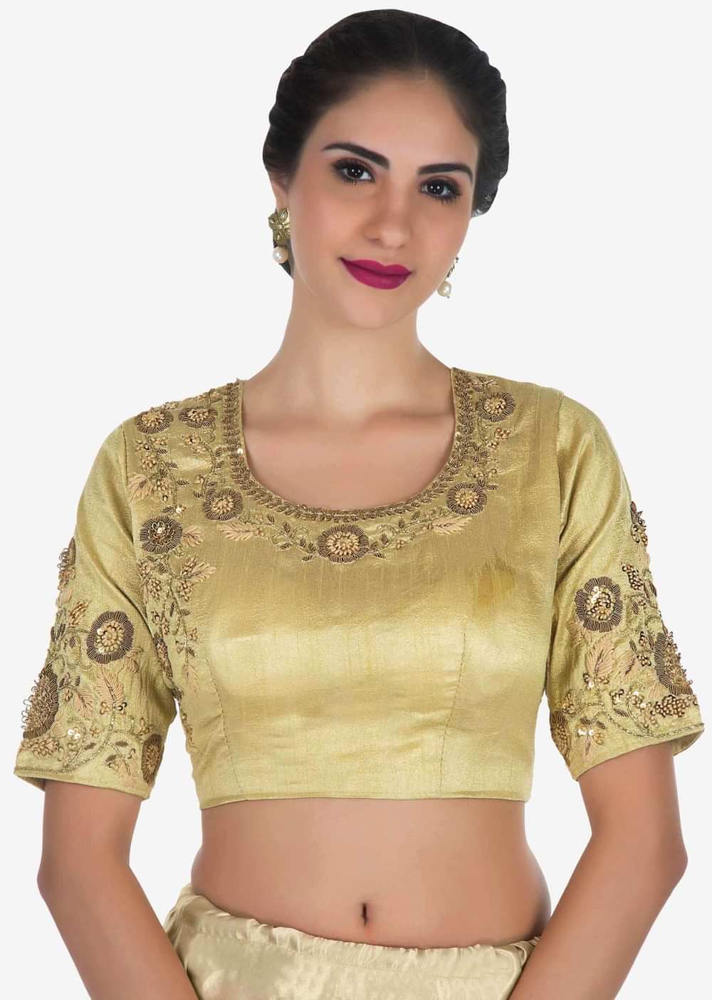 Navy blue saree in satin silk with a beige blouse embroidered with zardosi and sequin work only on Kalki