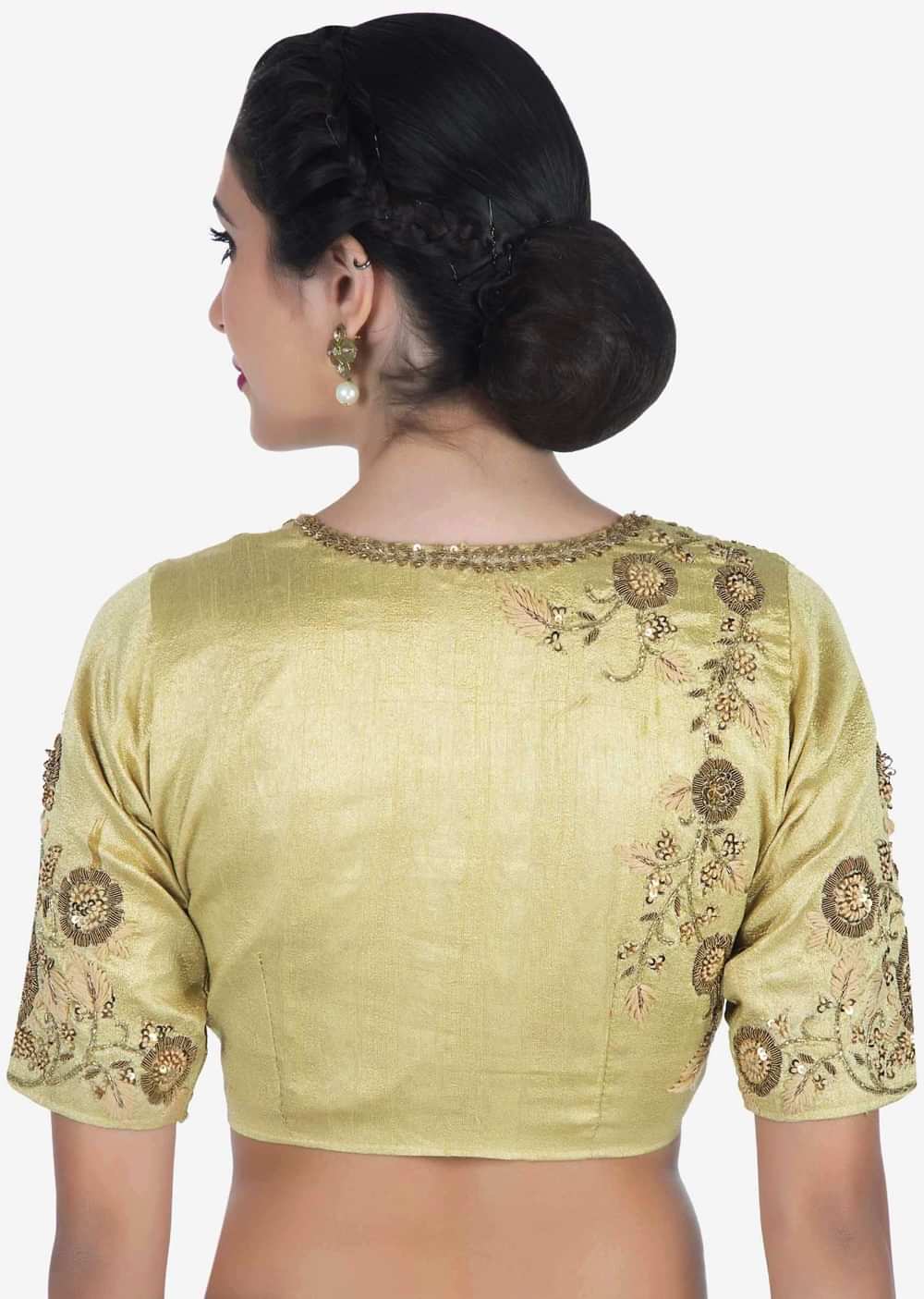 Navy blue saree in satin silk with a beige blouse embroidered with zardosi and sequin work only on Kalki