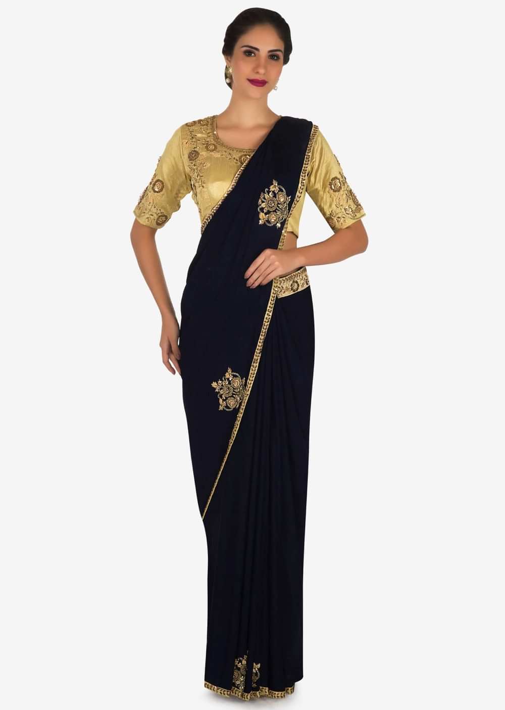 Navy blue saree in satin silk with a beige blouse embroidered with zardosi and sequin work only on Kalki