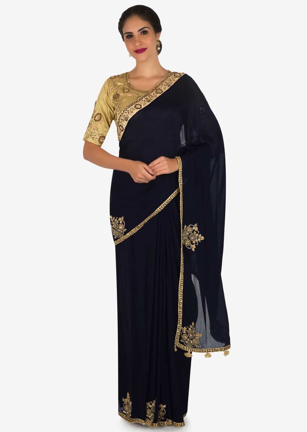 Navy blue saree in satin silk with a beige blouse embroidered with zardosi and sequin work only on Kalki