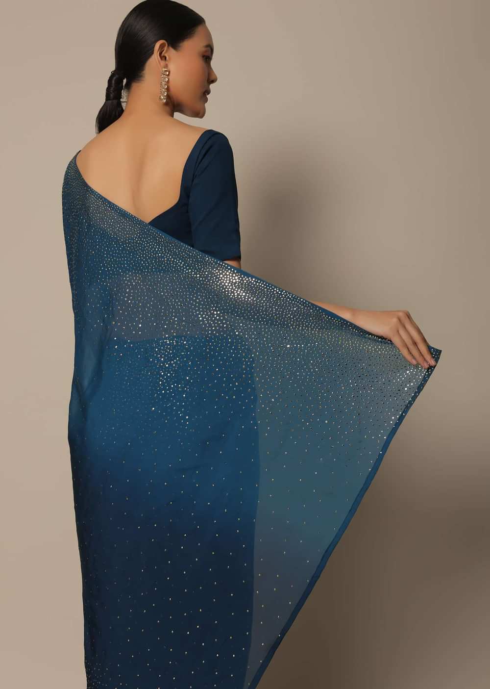 Navy Blue Saree With Badla Work And Unstitched Blouse Piece