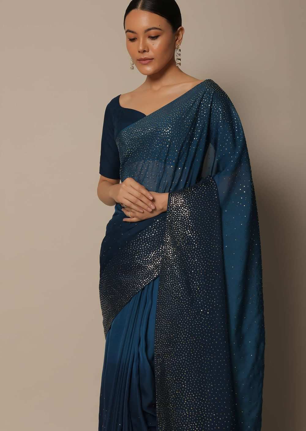 Navy Blue Saree With Badla Work And Unstitched Blouse Piece