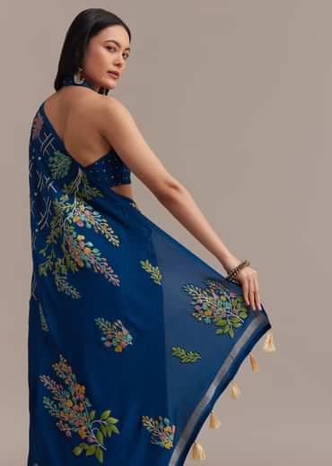 Navy Blue Saree With Leaf Motif Woven Design