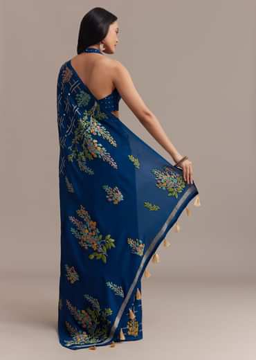 Navy Blue Saree With Leaf Motif Woven Design