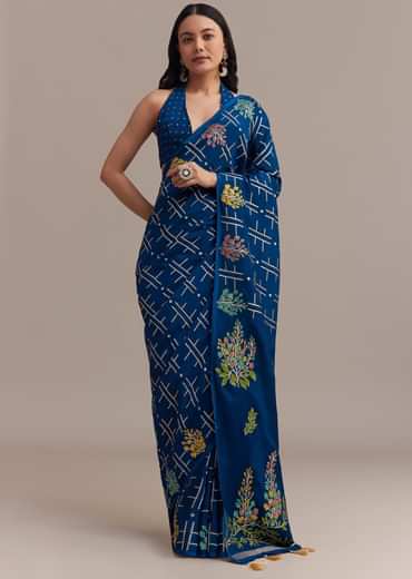Navy Blue Saree With Leaf Motif Woven Design