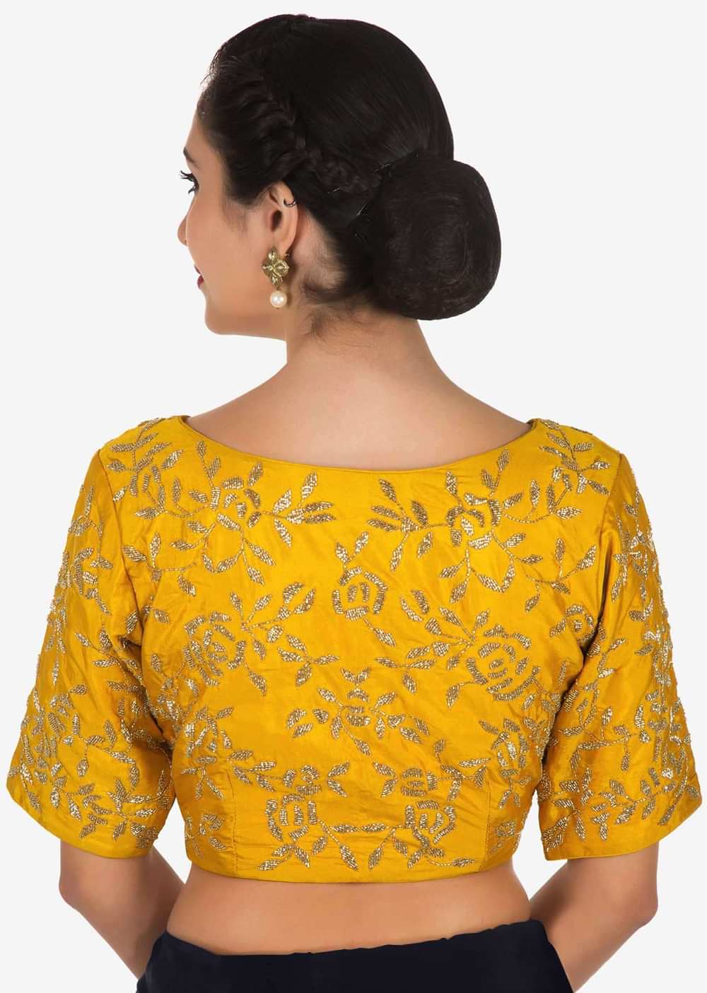 Navy blue saree with mustard blouse carved in heavy cut dana embroidery work