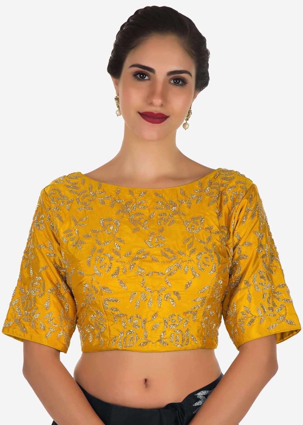 Navy blue saree with mustard blouse carved in heavy cut dana embroidery work