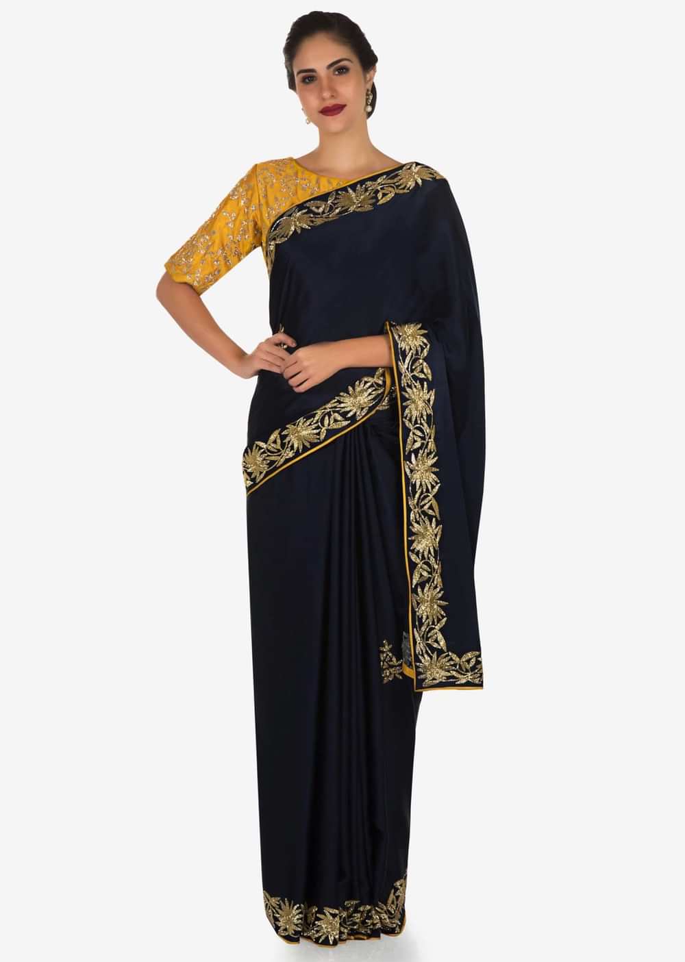 Navy blue saree with mustard blouse carved in heavy cut dana embroidery work