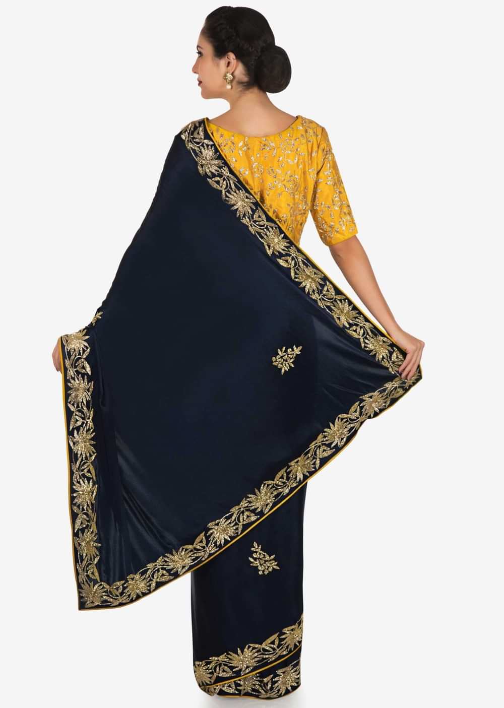 Navy blue saree with mustard blouse carved in heavy cut dana embroidery work