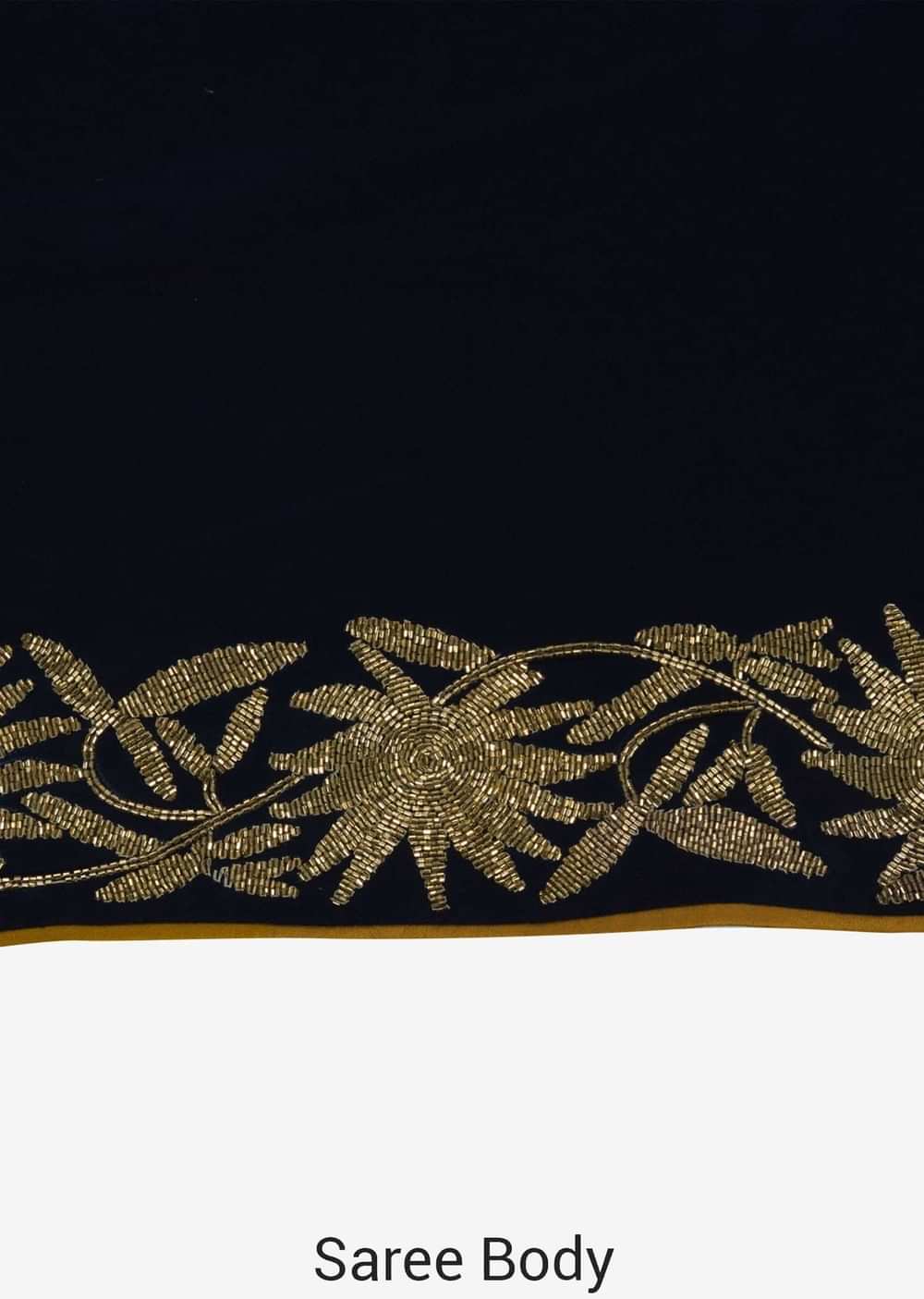 Navy blue saree with mustard blouse carved in heavy cut dana embroidery work