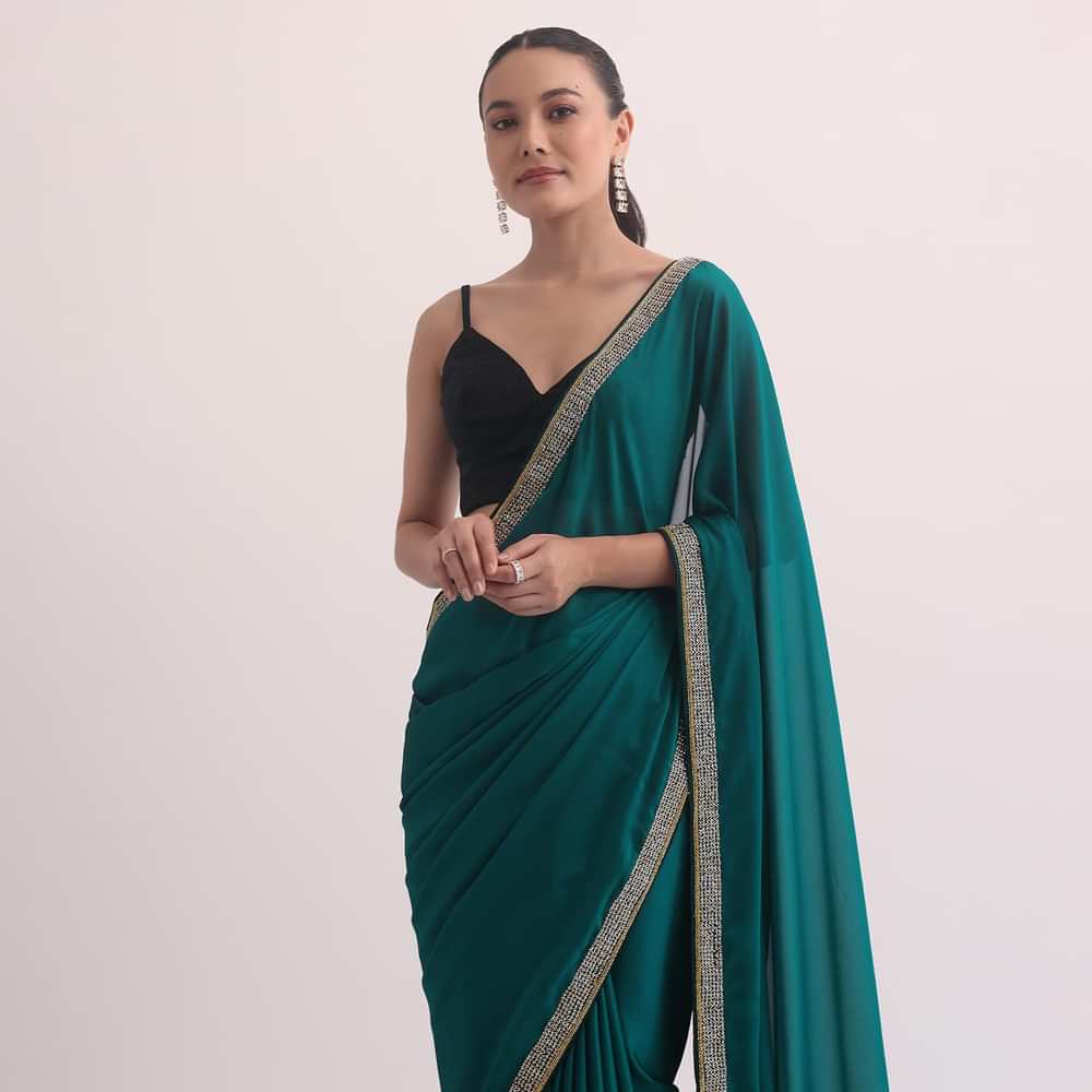 Navy Blue Satin Saree In Mirror Embroidery With Unstitched Blouse