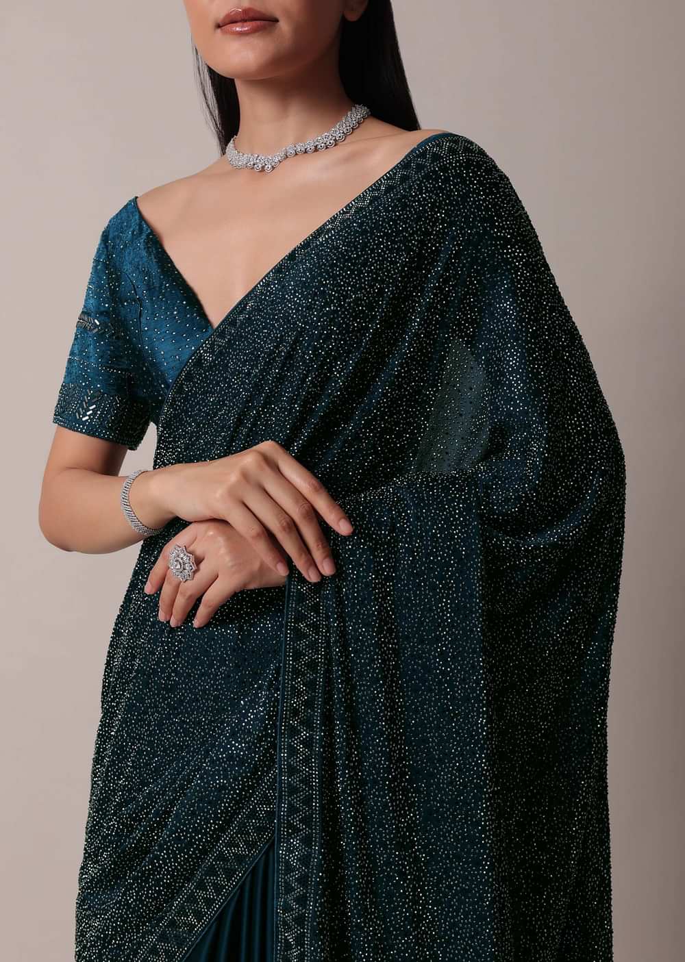 Navy Blue Satin Saree With Swarovski And Unstitched Blouse Piece