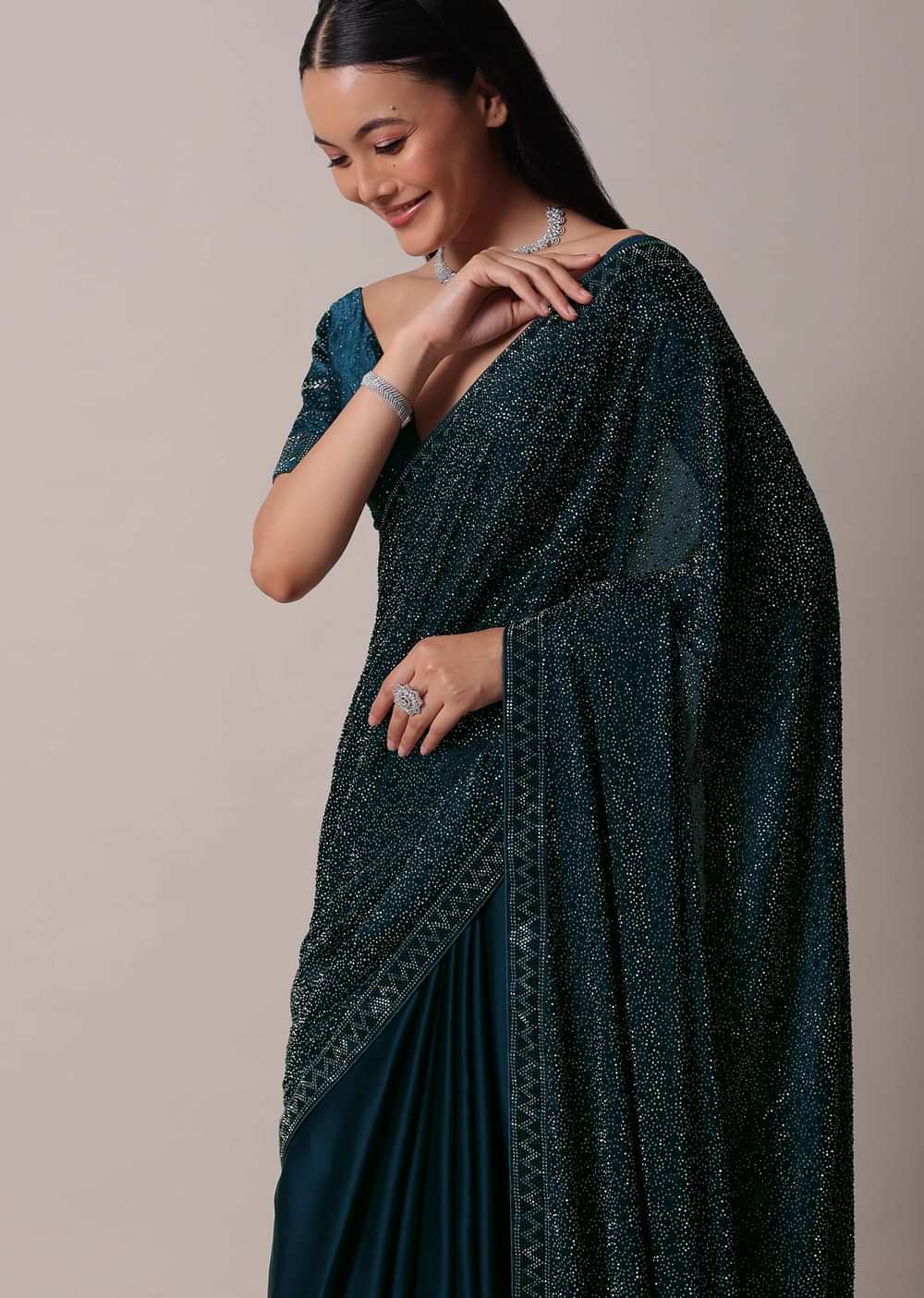 Navy Blue Satin Saree With Swarovski And Unstitched Blouse Piece