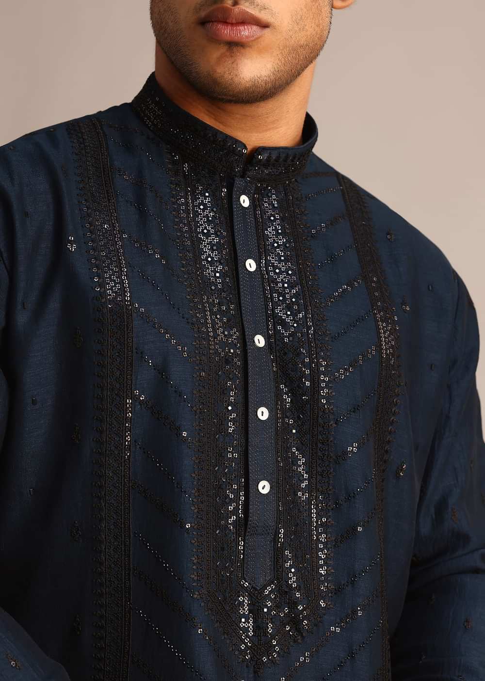 Navy Blue Sequin Work Silk Kurta Set