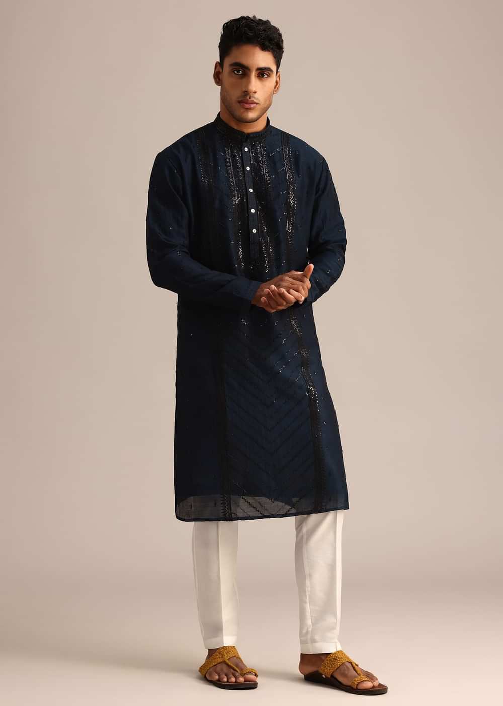 Navy Blue Sequin Work Silk Kurta Set