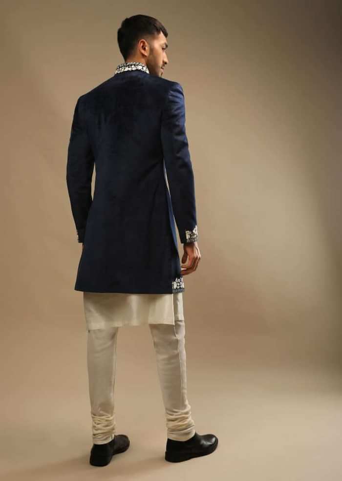 Navy Blue Sherwani In Velvet With White Resham Embroidered Floral Motifs And A Line Kurta Set