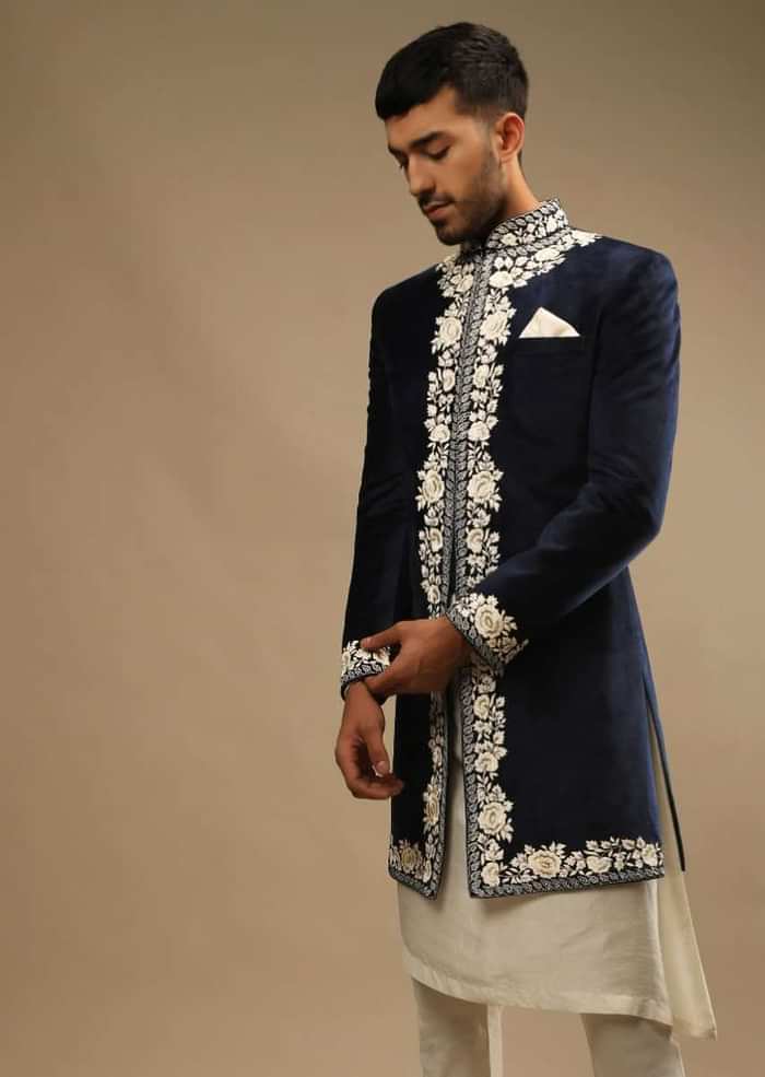 Navy Blue Sherwani In Velvet With White Resham Embroidered Floral Motifs And A Line Kurta Set