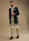 Navy Blue Sherwani In Velvet With White Resham Embroidered Floral Motifs And A Line Kurta Set