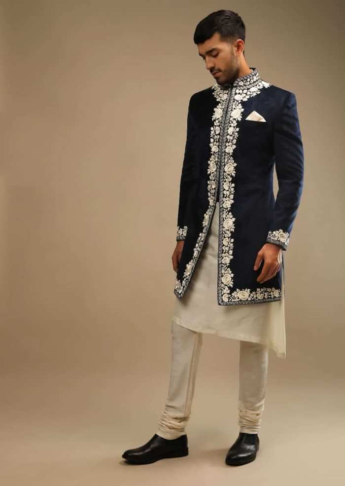 Navy Blue Sherwani In Velvet With White Resham Embroidered Floral Motifs And A Line Kurta Set