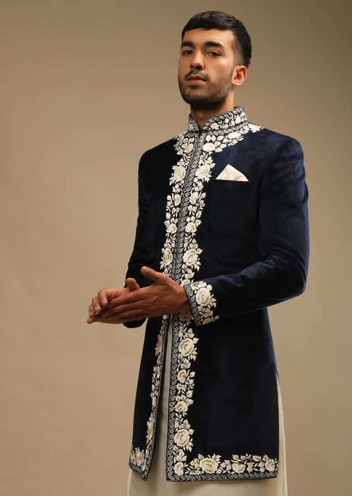 Navy Blue Sherwani In Velvet With White Resham Embroidered Floral Motifs And A Line Kurta Set