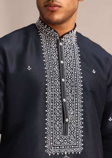 Navy Blue Silk Kurta Set With Resham Embroidered Work