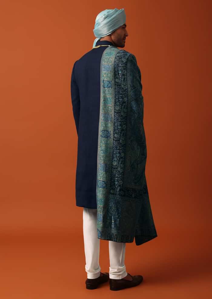 Navy Blue Silk Sherwani Set Featuring Pure Silk Pashmina Dupatta