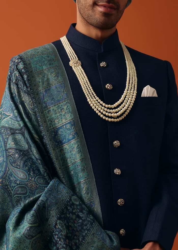 Navy Blue Silk Sherwani Set Featuring Pure Silk Pashmina Dupatta