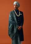 Navy Blue Silk Sherwani Set Featuring Pure Silk Pashmina Dupatta