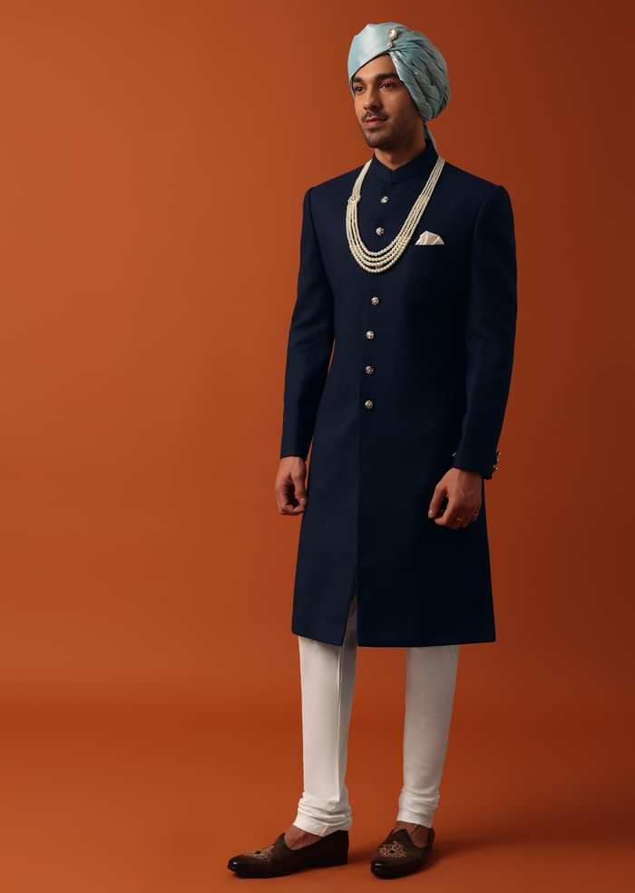 Navy Blue Silk Sherwani Set Featuring Pure Silk Pashmina Dupatta