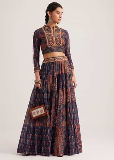Navy Blue Silk Skirt Set With Orange Indie Prints
