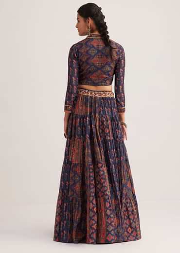 Navy Blue Silk Skirt Set With Orange Indie Prints