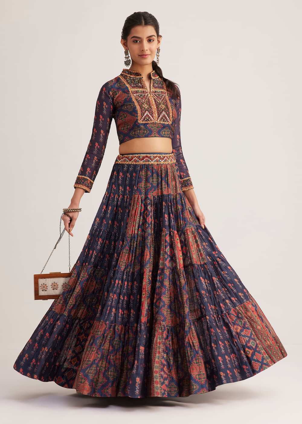Navy Blue Silk Skirt Set With Orange Indie Prints