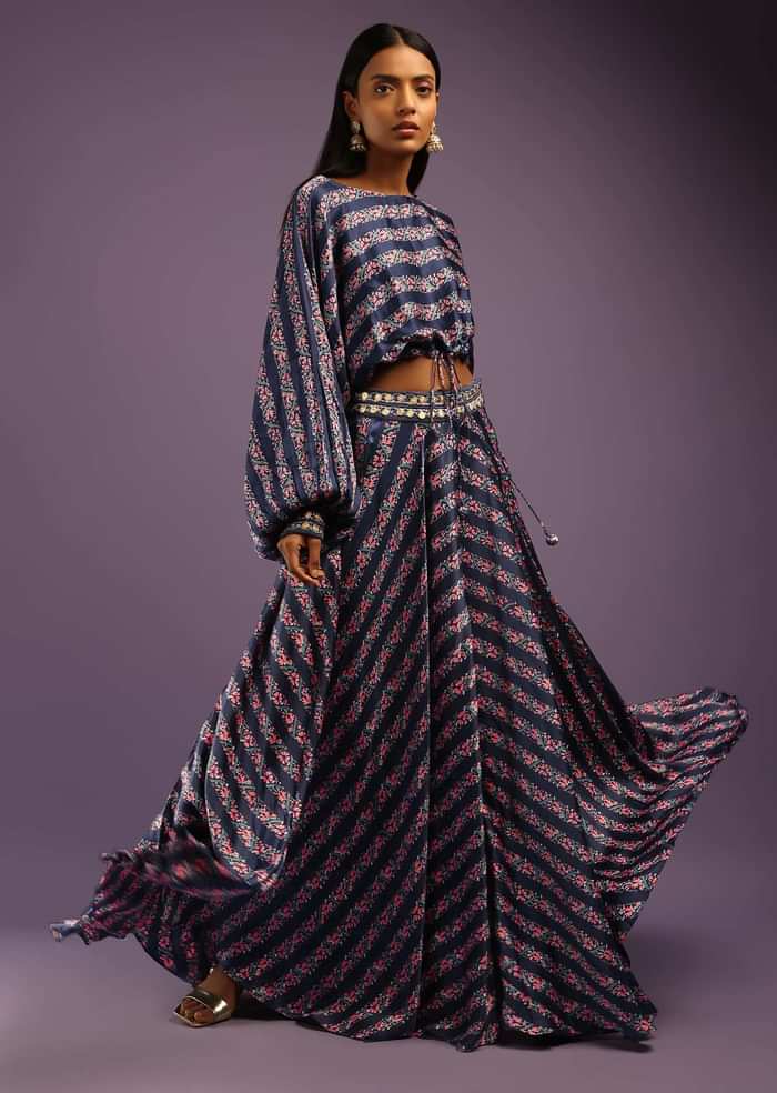 Navy Blue Skirt And Crop Top With Floral Print And Fancy Puffed Dolman Sleeves