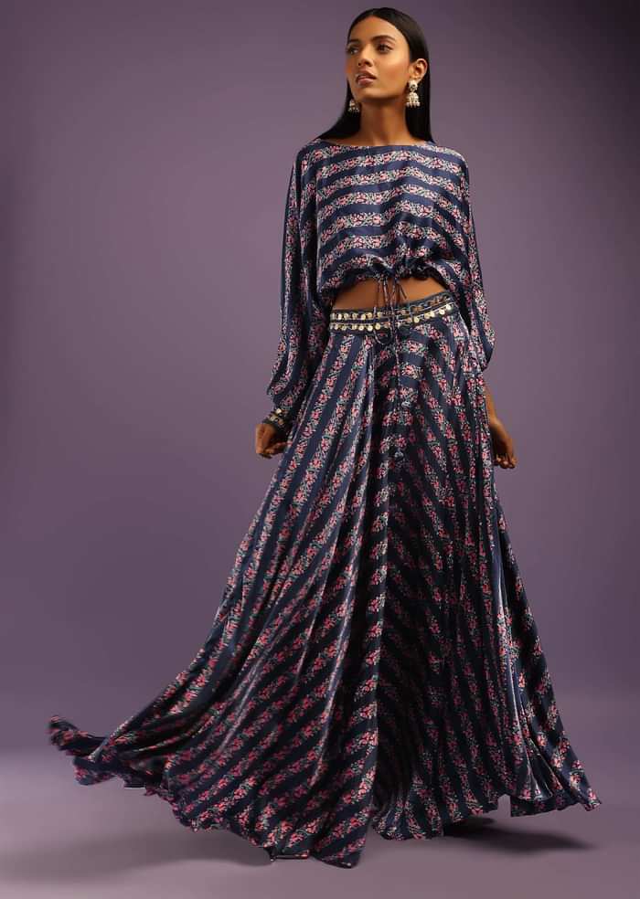 Navy Blue Skirt And Crop Top With Floral Print And Fancy Puffed Dolman Sleeves