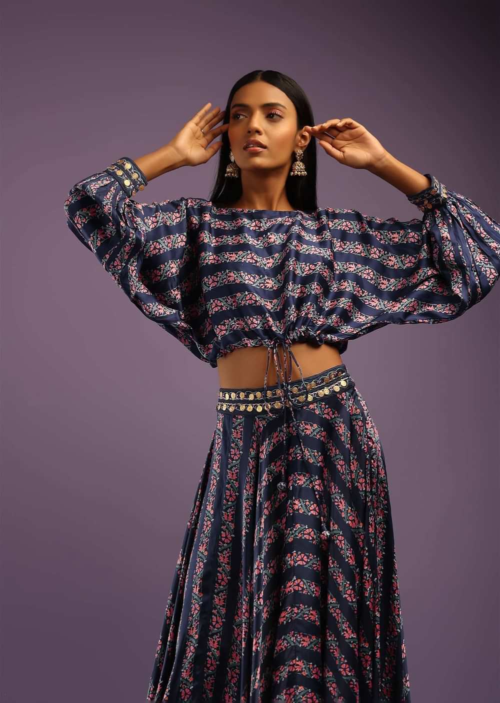 Navy Blue Skirt And Crop Top With Floral Print And Fancy Puffed Dolman Sleeves