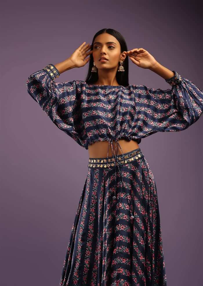 Navy Blue Skirt And Crop Top With Floral Print And Fancy Puffed Dolman Sleeves