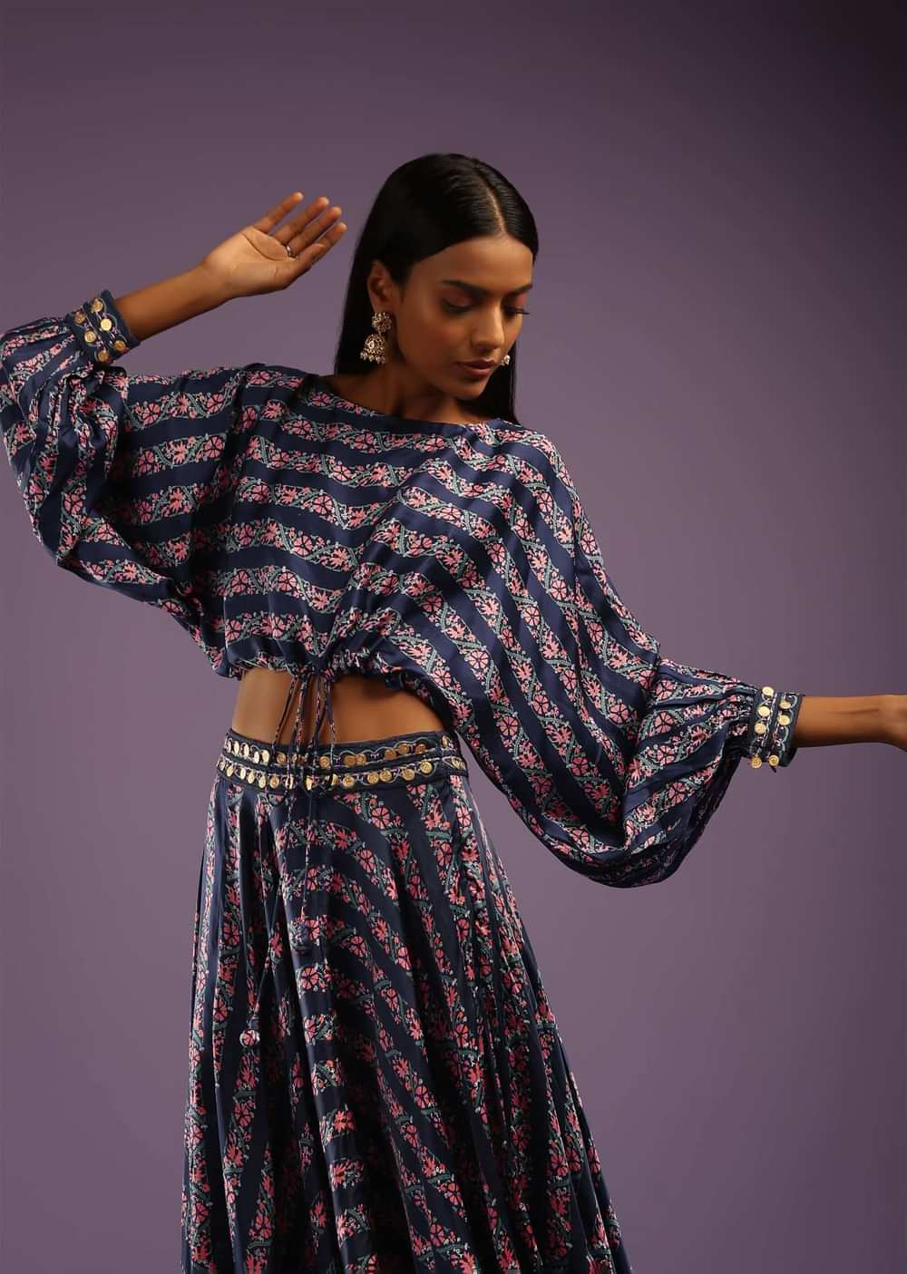 Navy Blue Skirt And Crop Top With Floral Print And Fancy Puffed Dolman Sleeves