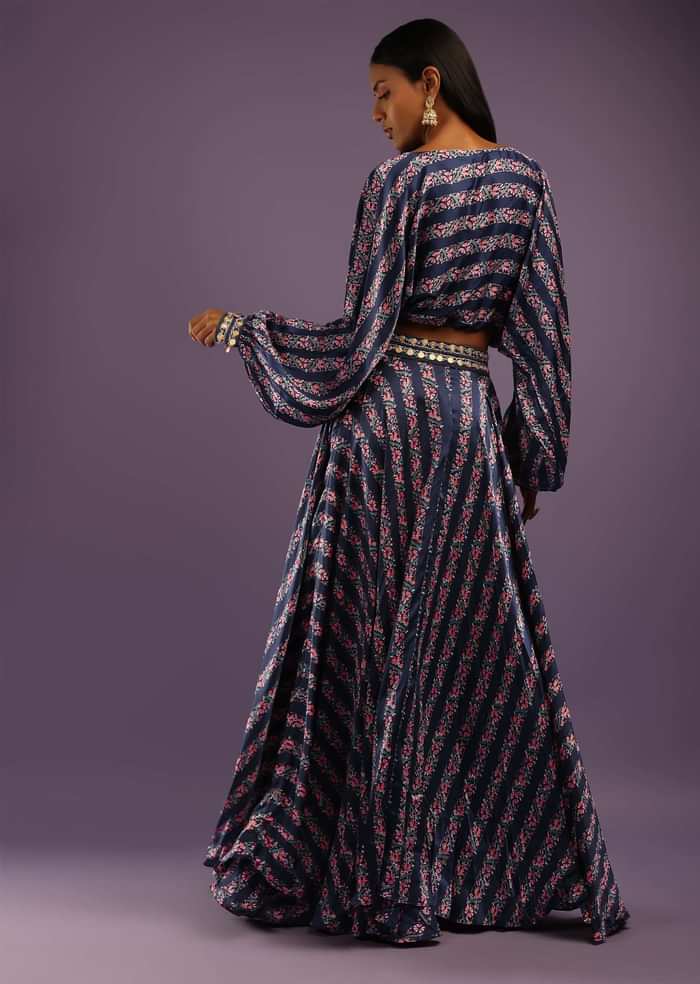 Navy Blue Skirt And Crop Top With Floral Print And Fancy Puffed Dolman Sleeves