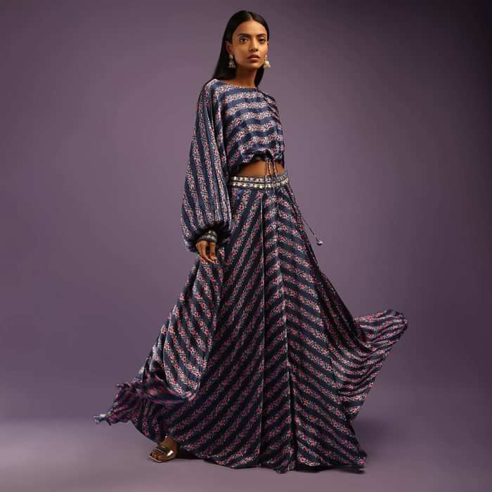 Navy Blue Skirt And Crop Top With Floral Print And Fancy Puffed Dolman Sleeves