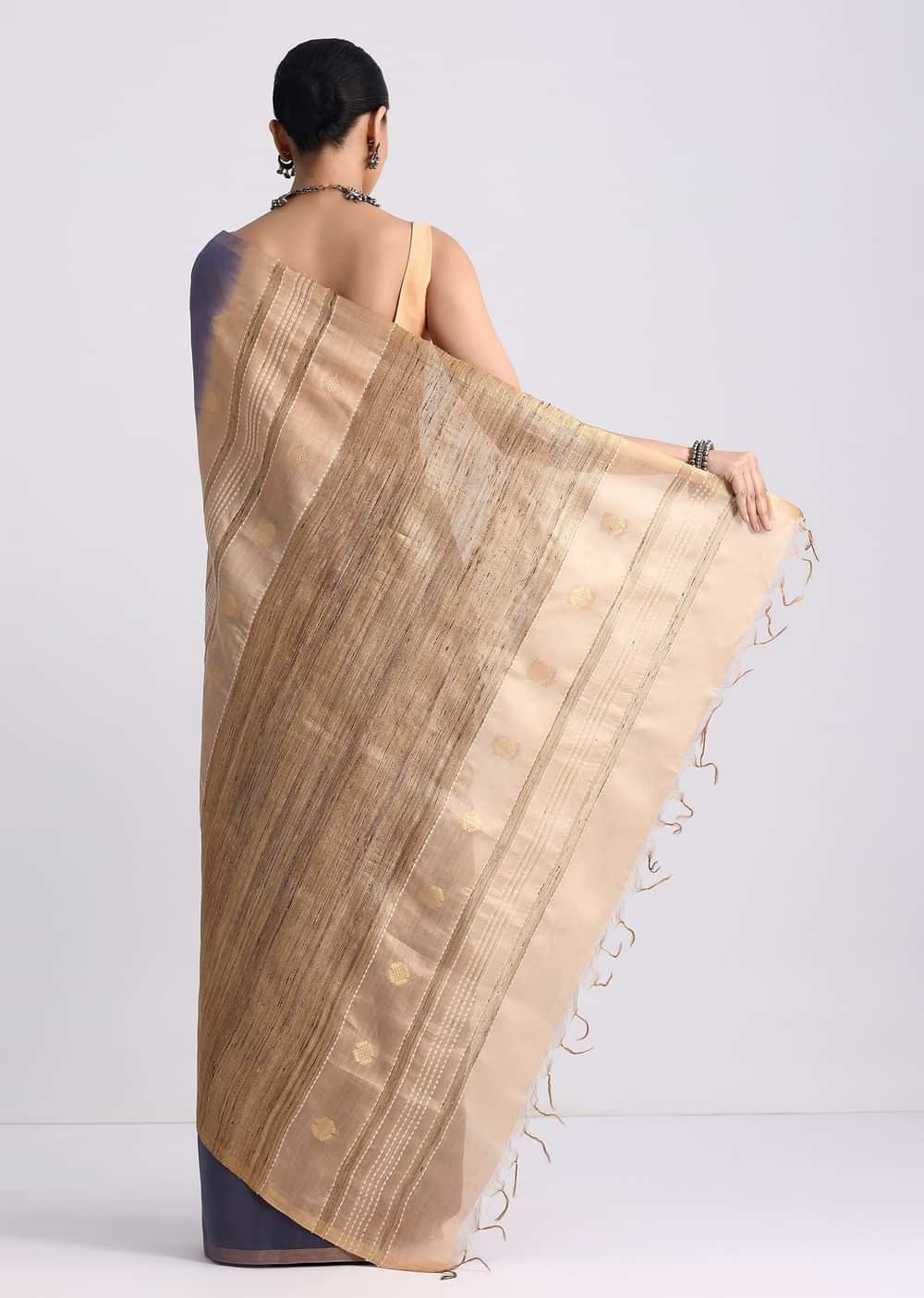 Navy Blue Spun Silk Saree With Butti Work