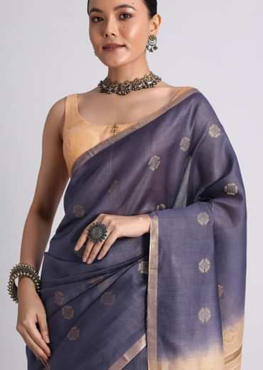 Navy Blue Spun Silk Saree With Butti Work