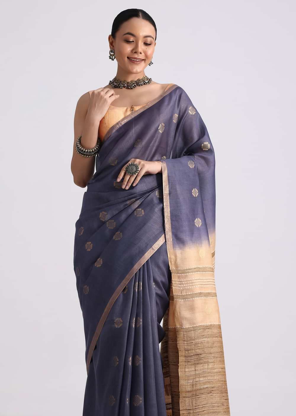 Navy Blue Spun Silk Saree With Butti Work