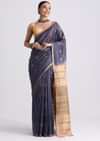 Navy Blue Spun Silk Saree With Butti Work