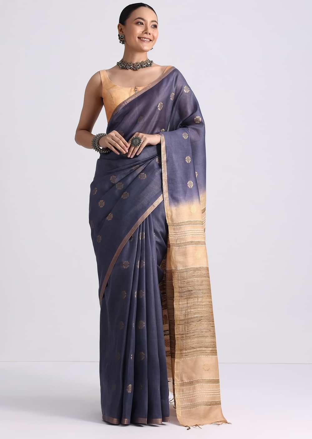 Navy Blue Spun Silk Saree With Butti Work