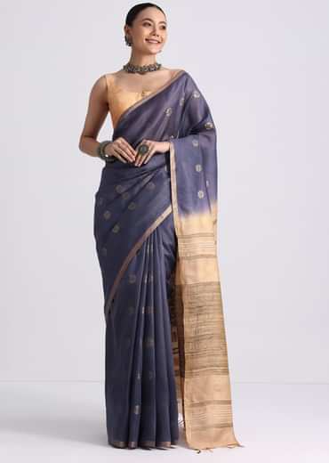 Navy Blue Spun Silk Saree With Butti Work
