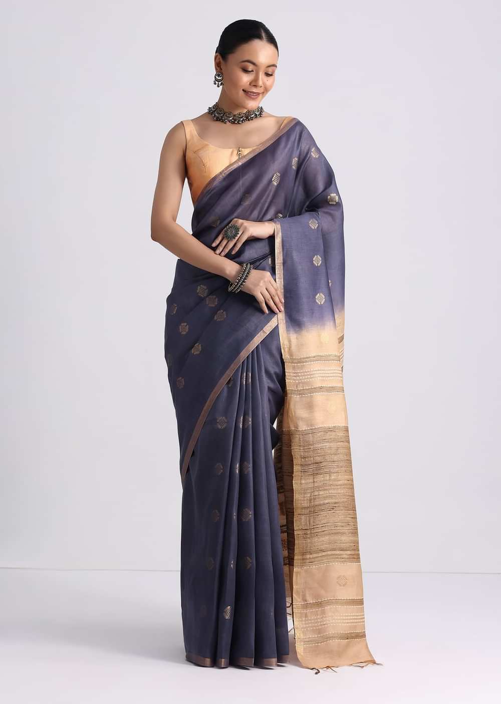 Navy Blue Spun Silk Saree With Butti Work